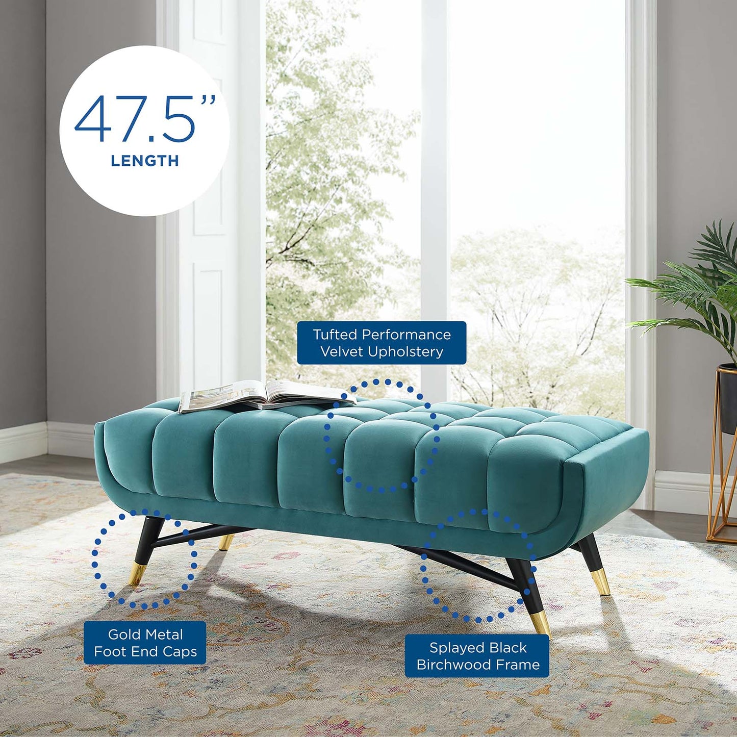 Adept 47.5" Performance Velvet Bench, Velvet, Blue, 19577