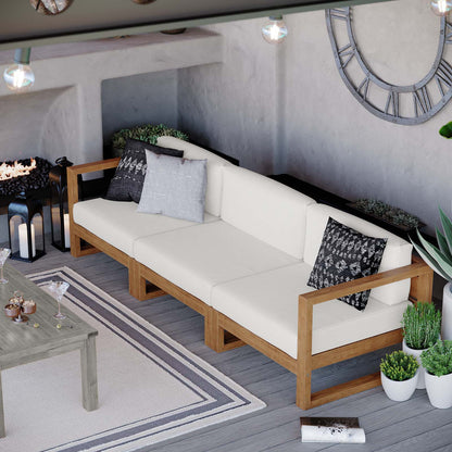 Upland Outdoor Patio Teak Wood 3-Piece Sectional Sofa Set, Wood, Brown Natural White, 19594