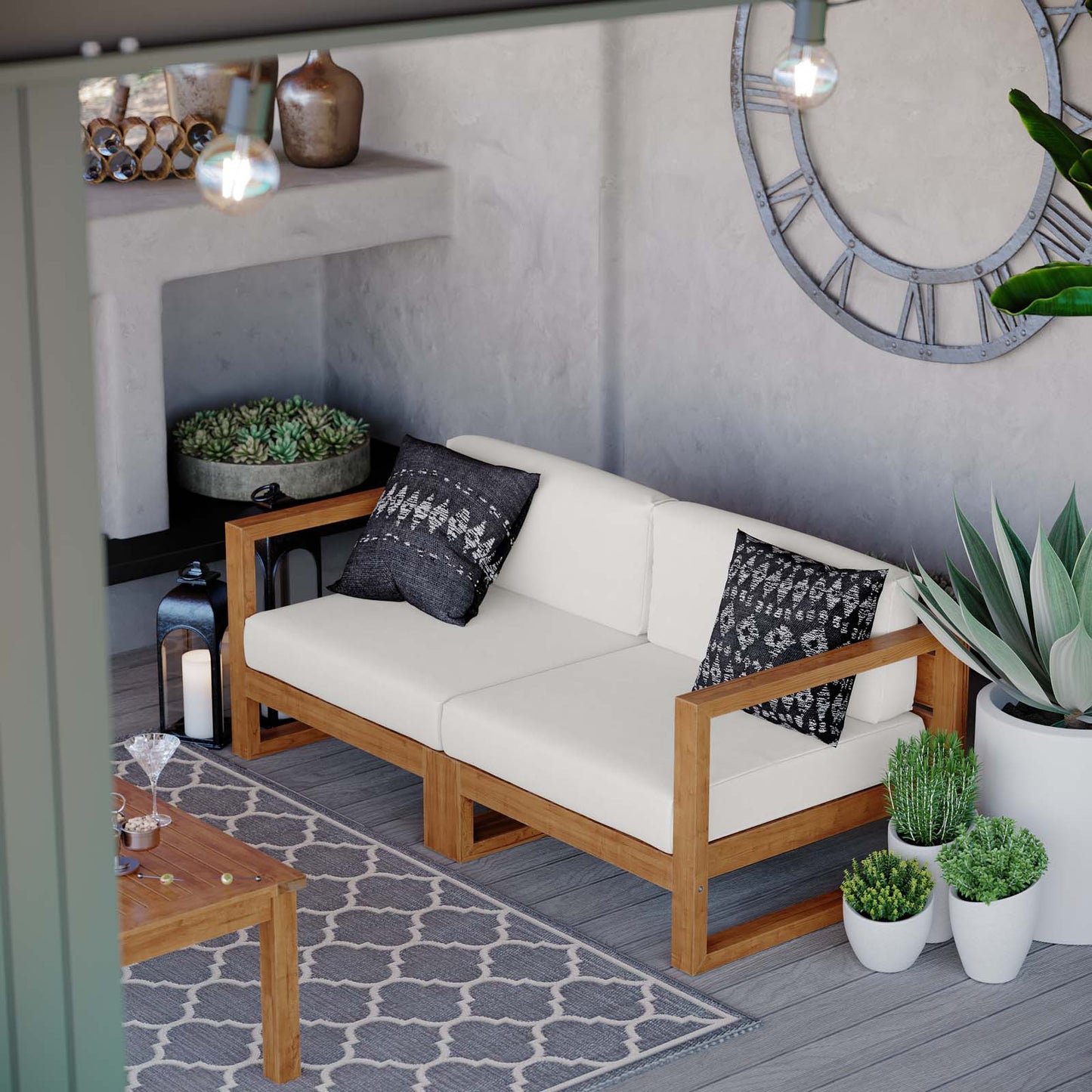 Upland Outdoor Patio Teak Wood 2-Piece Sectional Sofa Loveseat, Wood, Brown Natural White, 19596