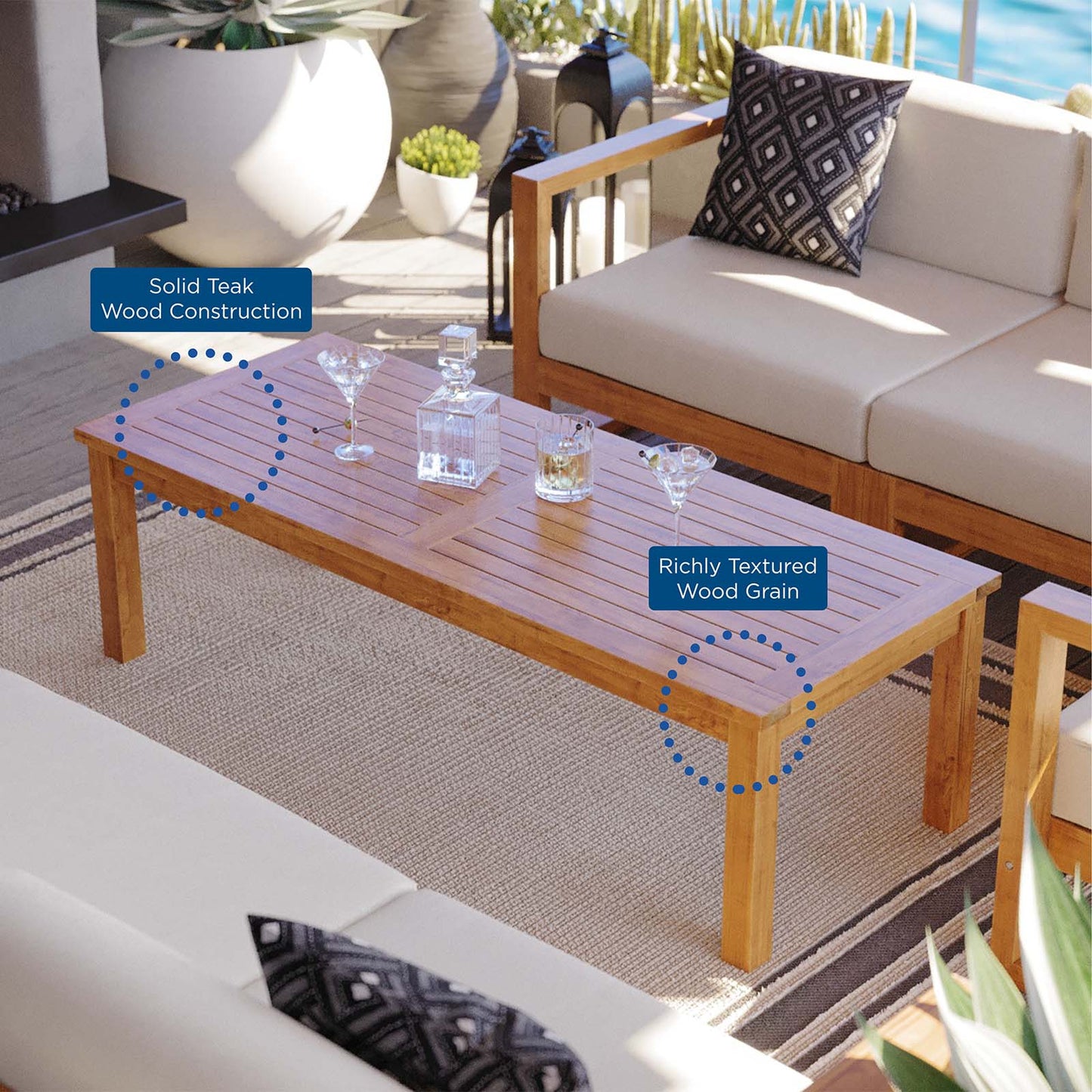 Upland Outdoor Patio Teak Wood 4-Piece Furniture Set, Wood, Brown Natural White, 19597