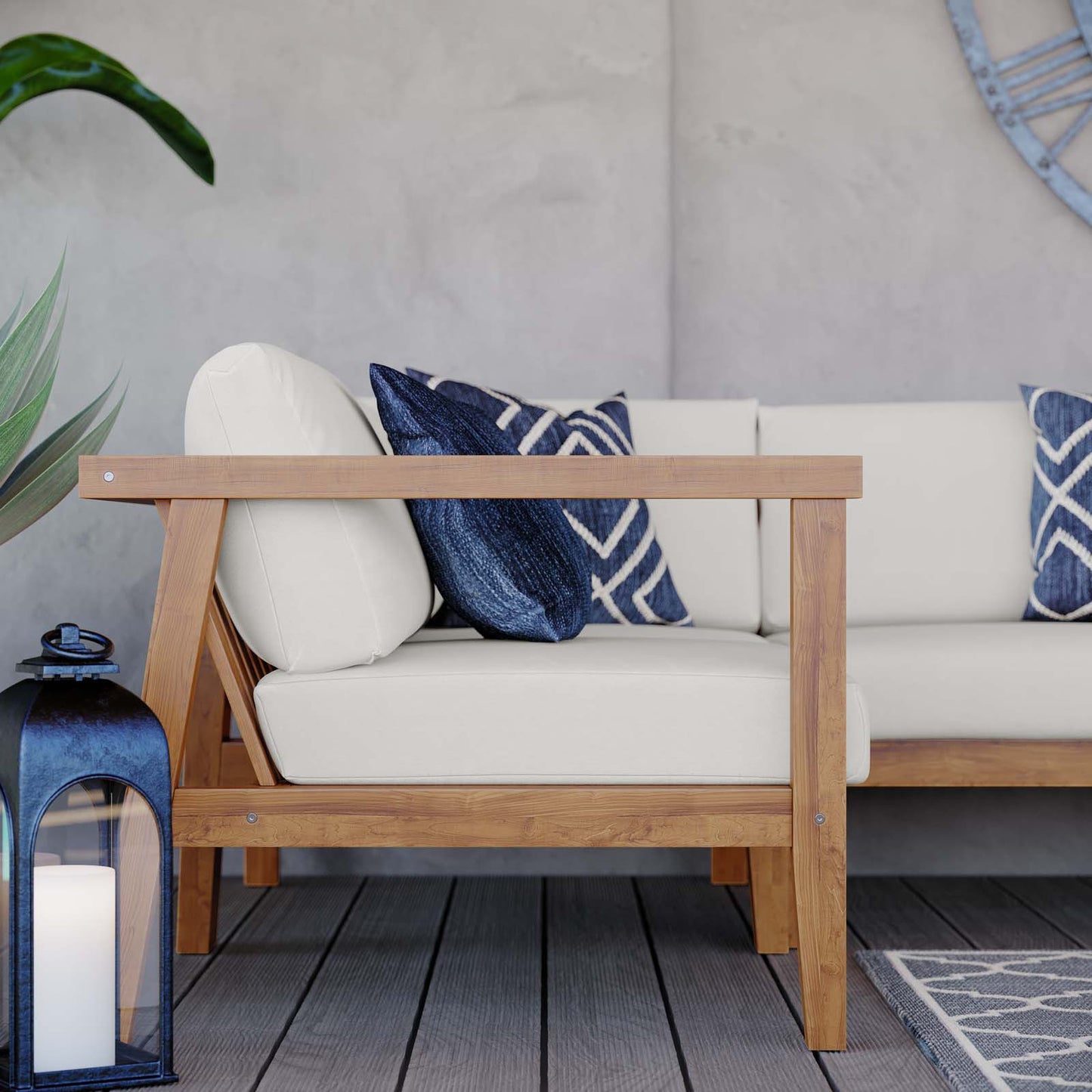 Bayport Outdoor Patio Teak Wood 3-Piece Sectional Sofa Set, Wood, Brown Natural White, 19598
