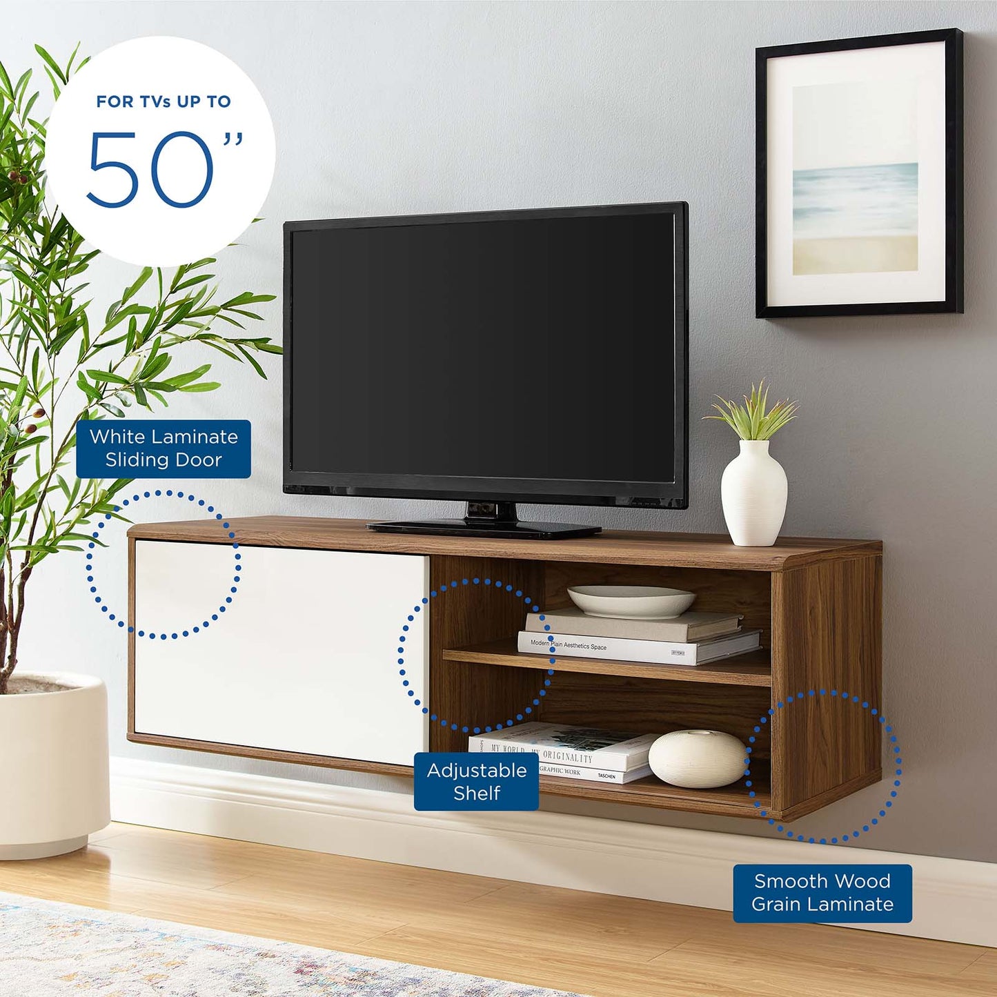 Envision 46" Wall Mount TV Stand, Wood, Brown Walnut White, 19604