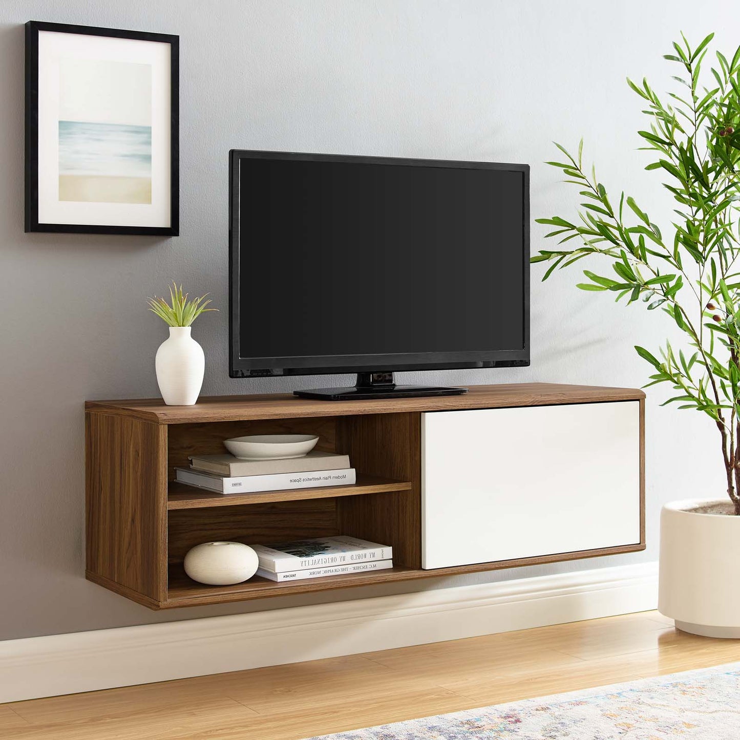 Envision 46" Wall Mount TV Stand, Wood, Brown Walnut White, 19604