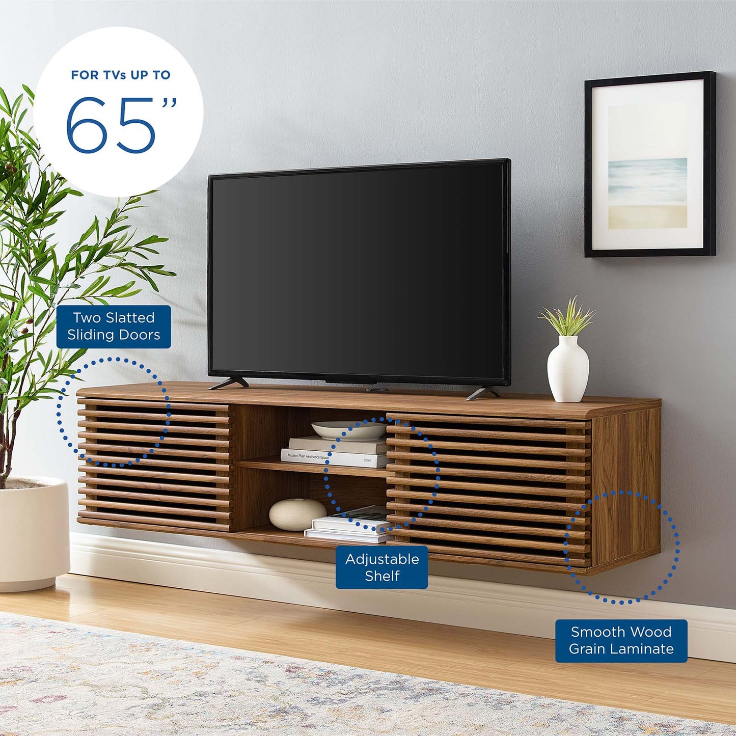 Render 60" Wall-Mount Media Console TV Stand, Wood, Brown Walnut, 19607
