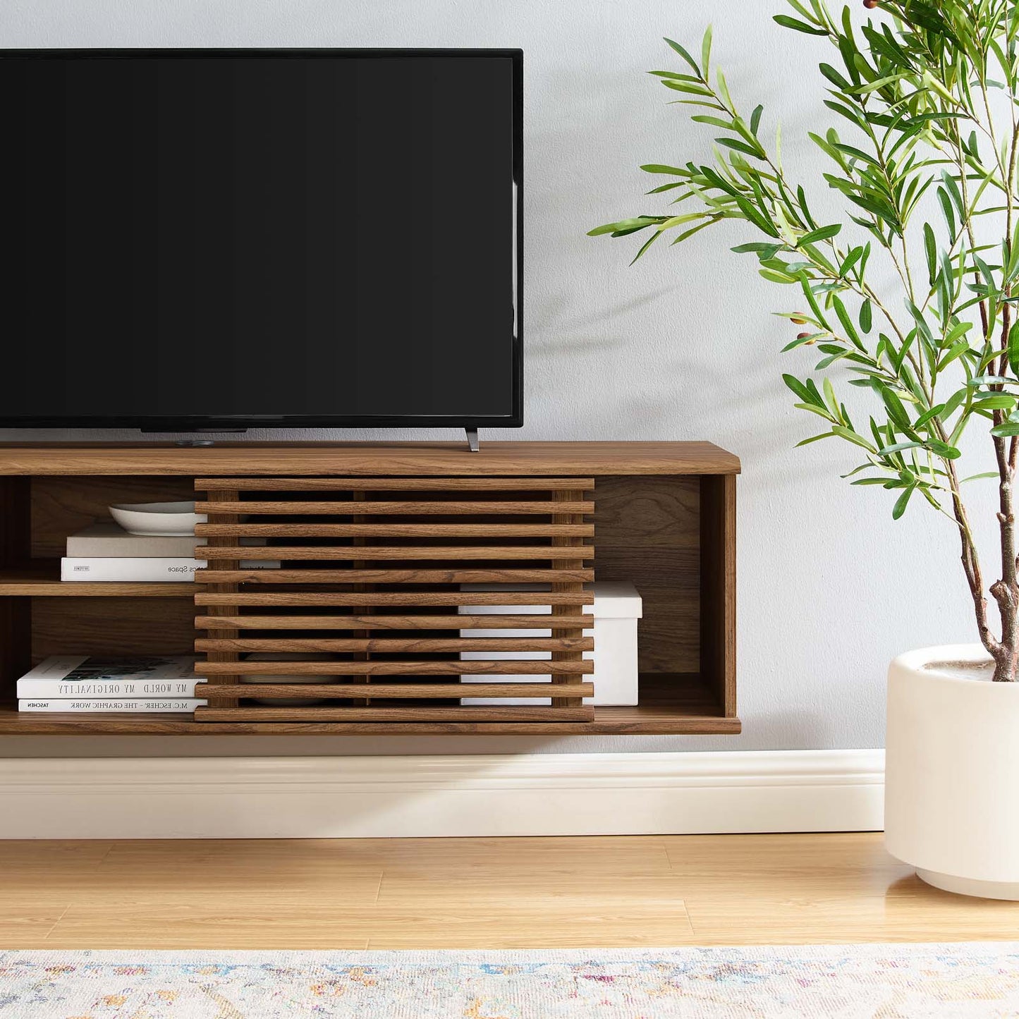 Render 60" Wall-Mount Media Console TV Stand, Wood, Brown Walnut, 19607