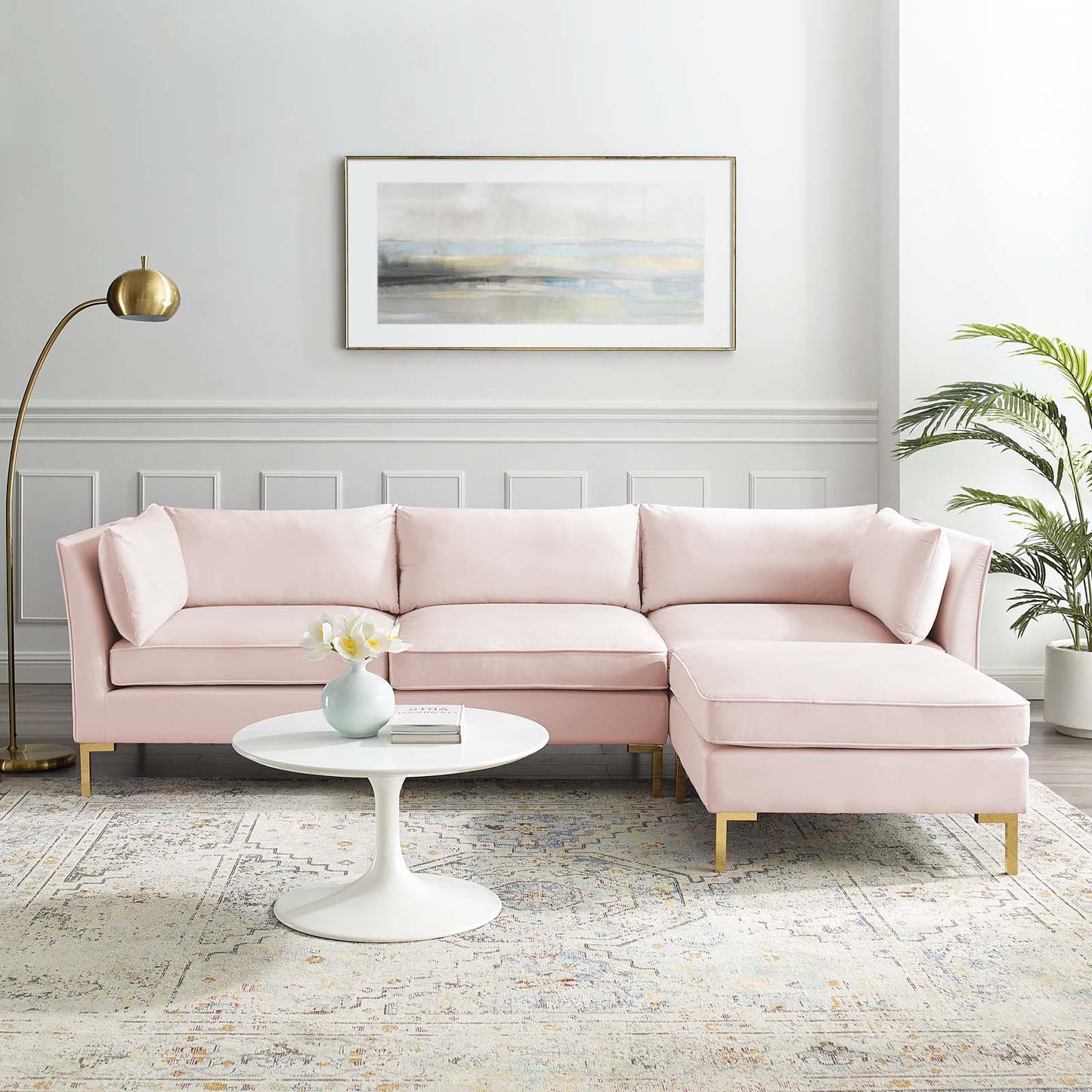 Ardent 4-Piece Performance Velvet Sectional Sofa, Velvet, Pink, 19616