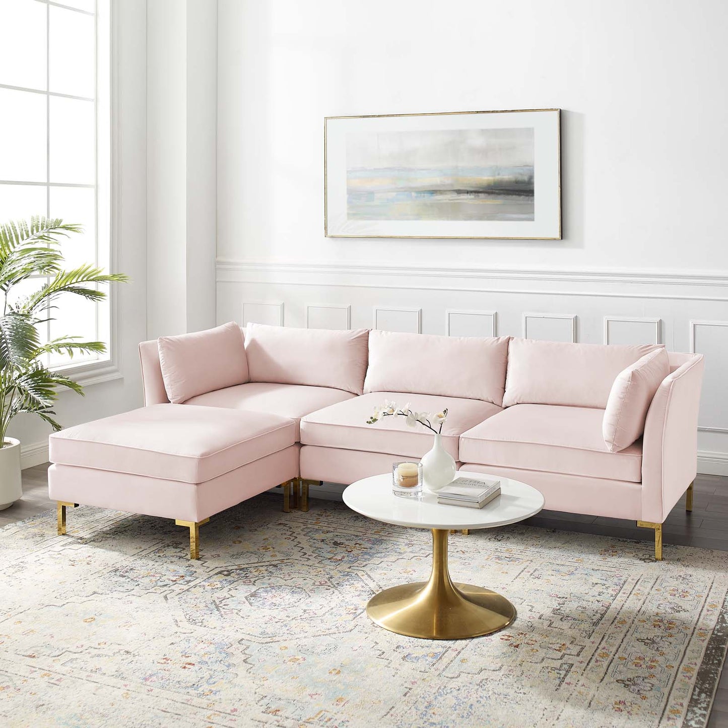Ardent 4-Piece Performance Velvet Sectional Sofa, Velvet, Pink, 19616