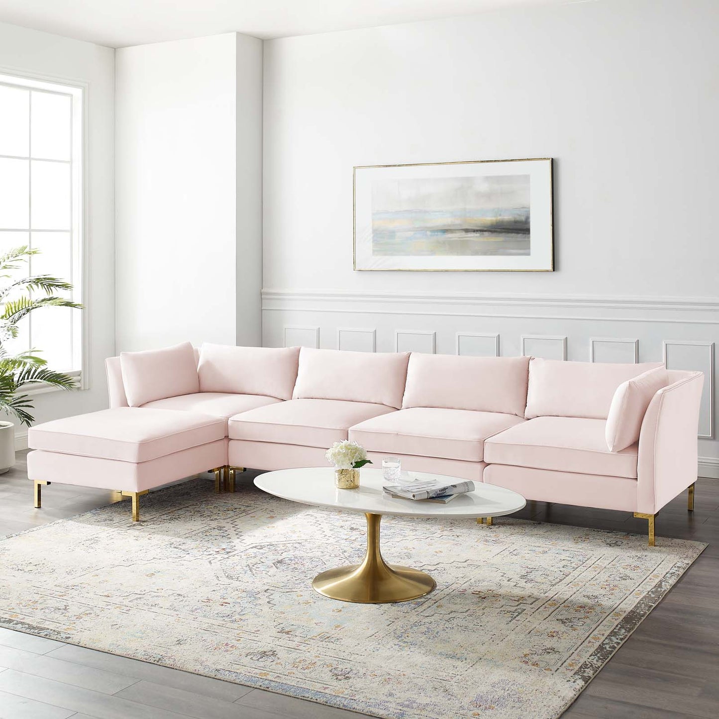 Ardent 5-Piece Performance Velvet Sectional Sofa, Velvet, Pink, 19622