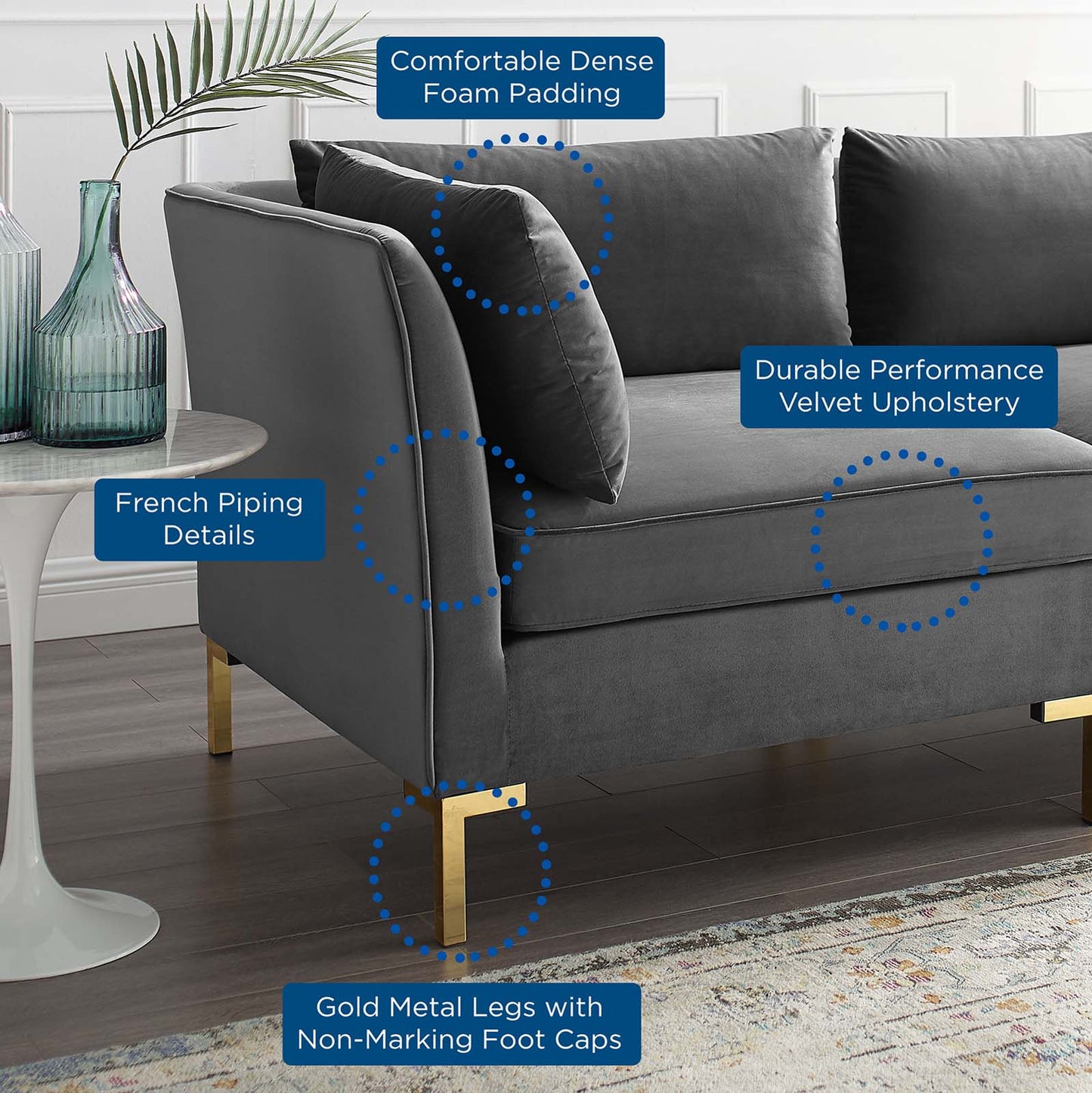 Ardent 5-Piece Performance Velvet Sectional Sofa, Velvet, Grey Gray, 19626
