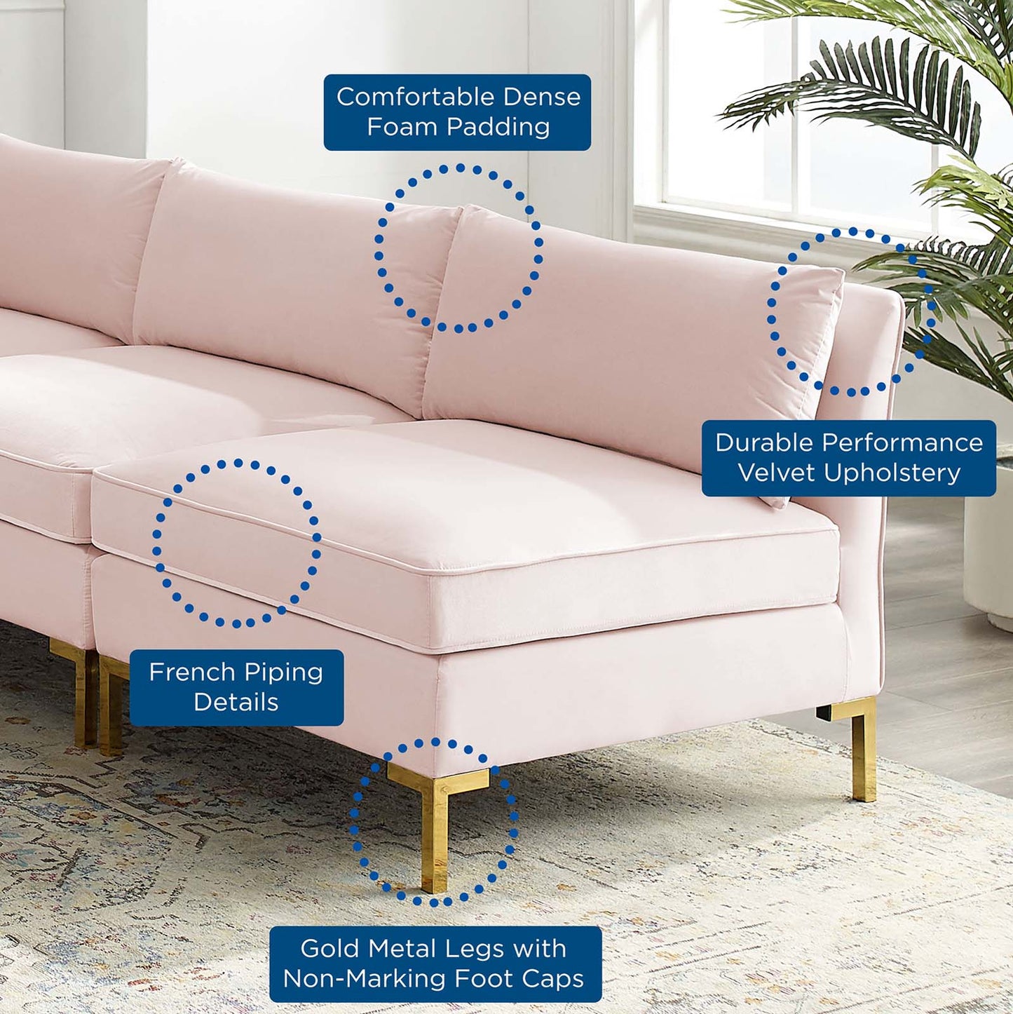 Ardent 5-Piece Performance Velvet Sectional Sofa, Velvet, Pink, 19631