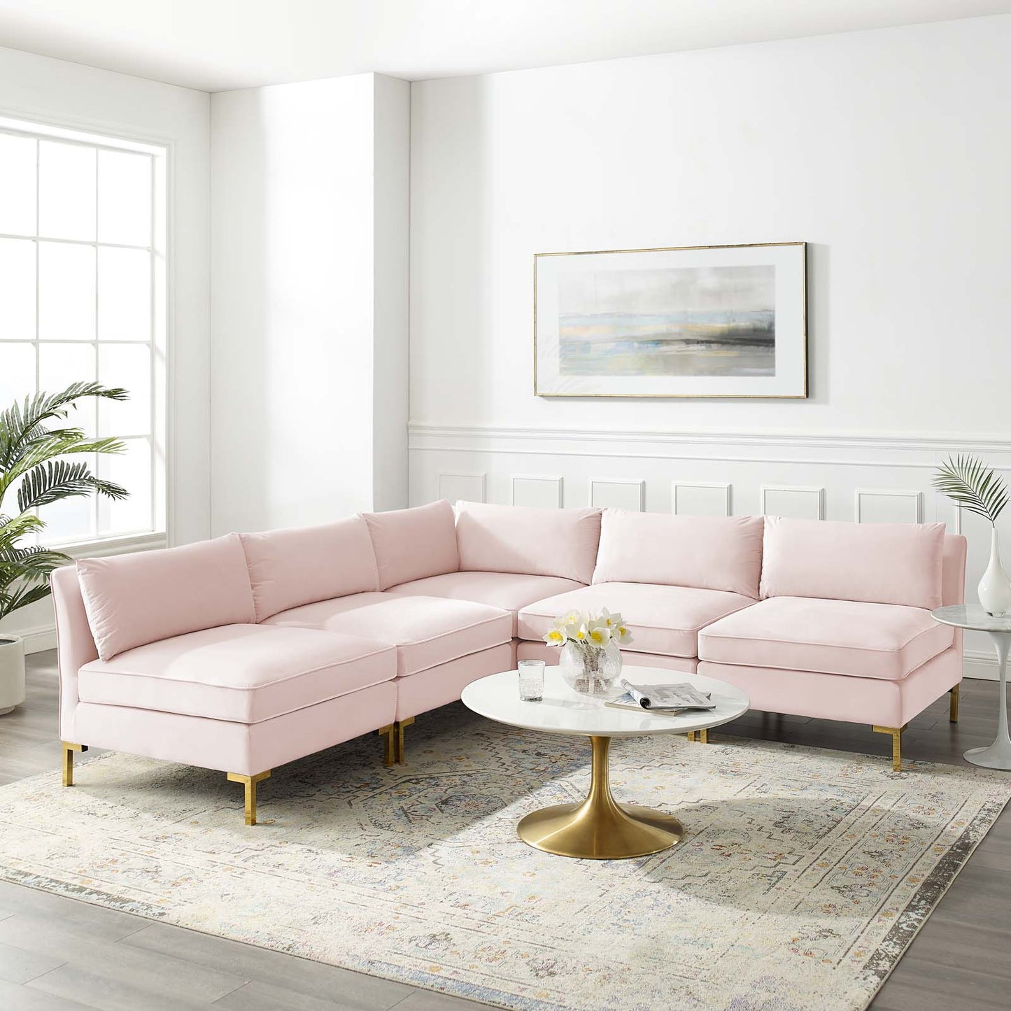 Ardent 5-Piece Performance Velvet Sectional Sofa, Velvet, Pink, 19631