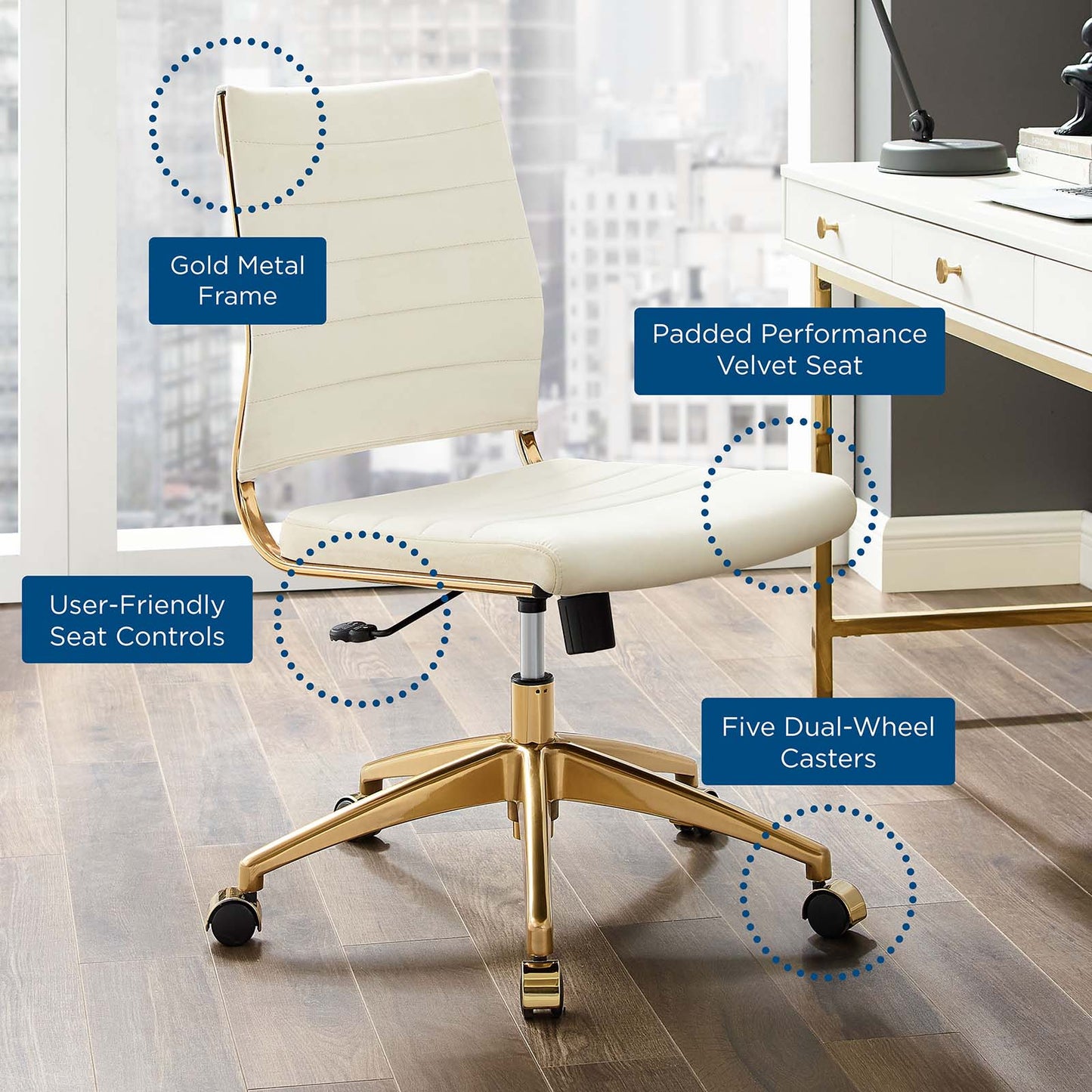 Jive Armless Mid Back Performance Velvet Office Chair, Velvet, Ivory White, 19643