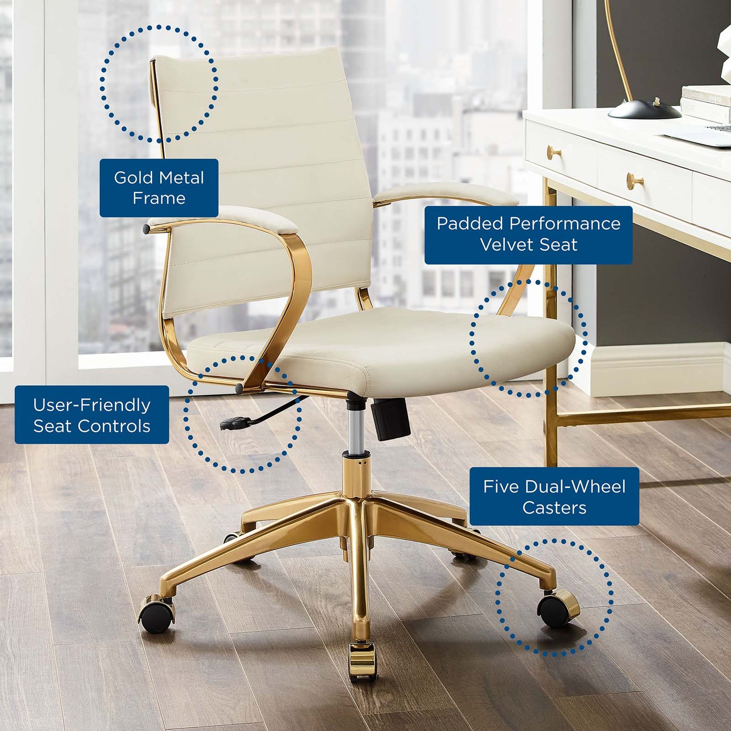 Jive Mid Back Performance Velvet Office Chair, Velvet, Ivory White, 19647