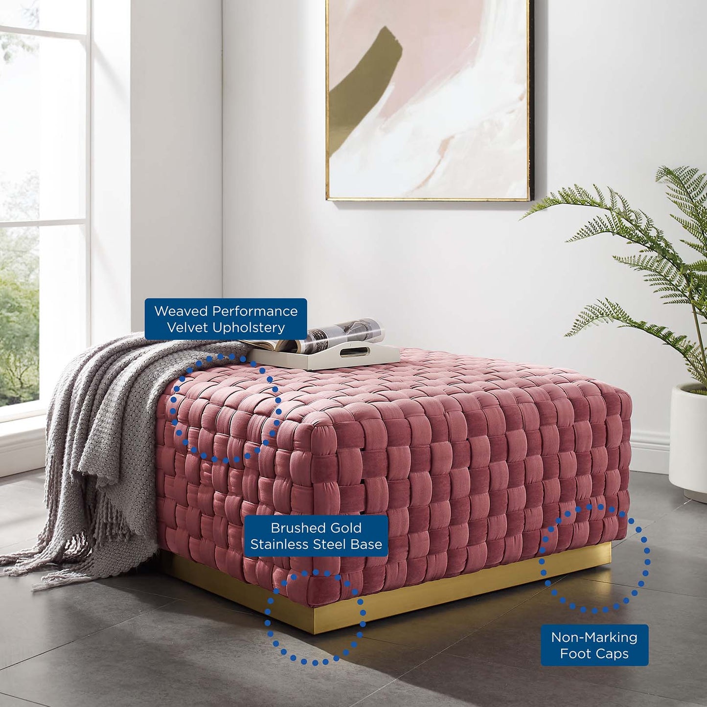 Florence Square Performance Velvet Ottoman, Velvet, Pink, 19649