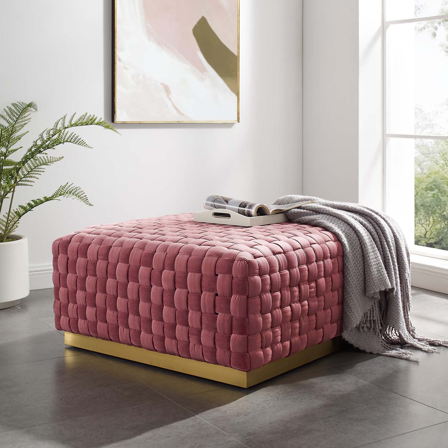 Florence Square Performance Velvet Ottoman, Velvet, Pink, 19649
