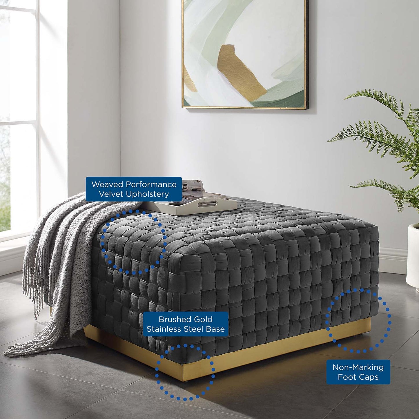 Florence Square Performance Velvet Ottoman, Velvet, Grey Gray, 19650