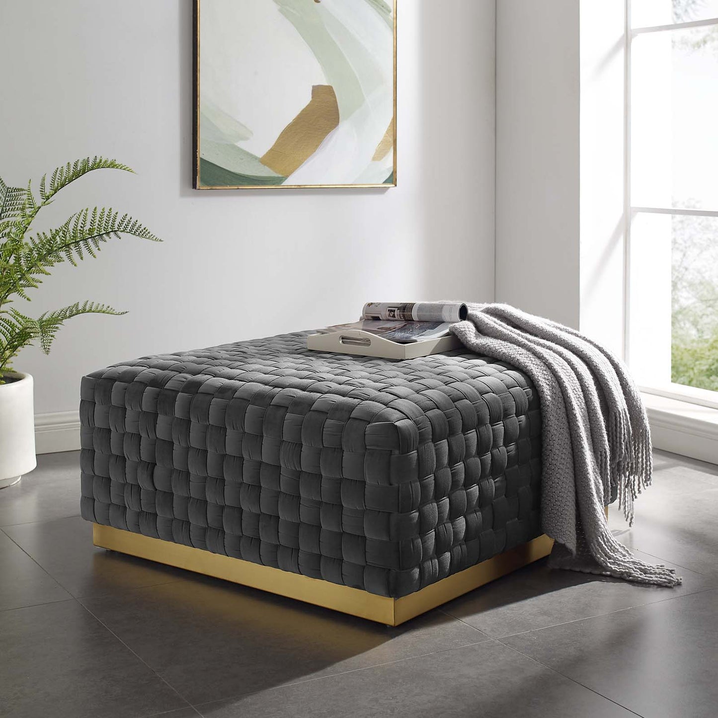 Florence Square Performance Velvet Ottoman, Velvet, Grey Gray, 19650