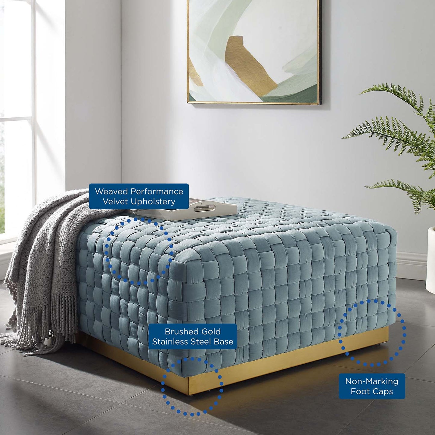 Florence Square Performance Velvet Ottoman, Velvet, Light Blue, 19651