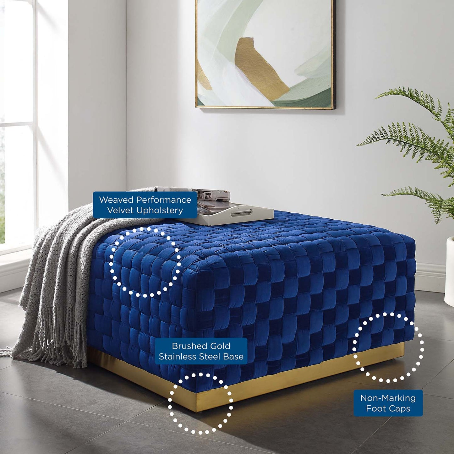 Florence Square Performance Velvet Ottoman, Velvet, Blue Navy, 19652