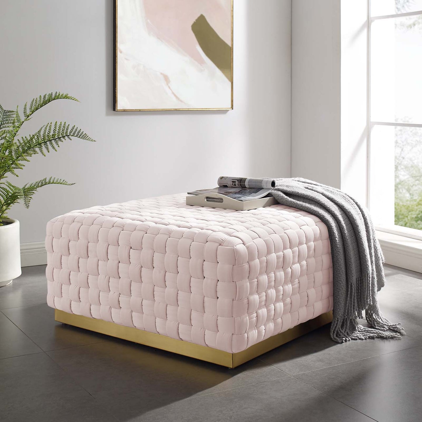 Florence Square Performance Velvet Ottoman, Velvet, Pink, 19653
