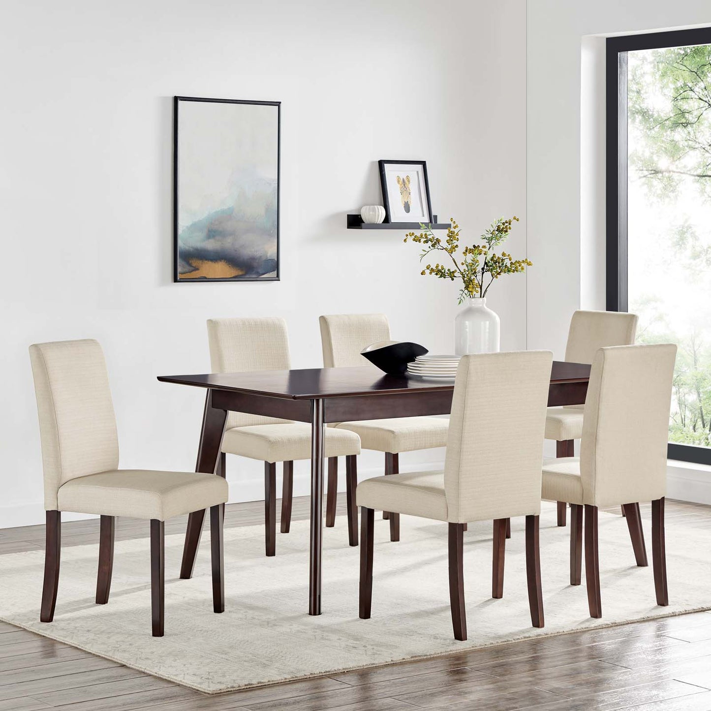 Prosper 7 Piece Upholstered Fabric Dining Set, Fabric, Drak Brown Beige, 19658