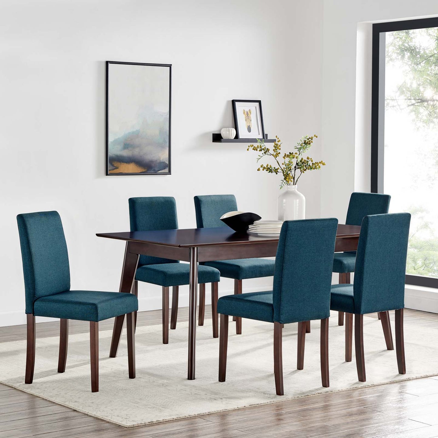 Prosper 7 Piece Upholstered Fabric Dining Set, Fabric, Drak Brown Blue, 19659