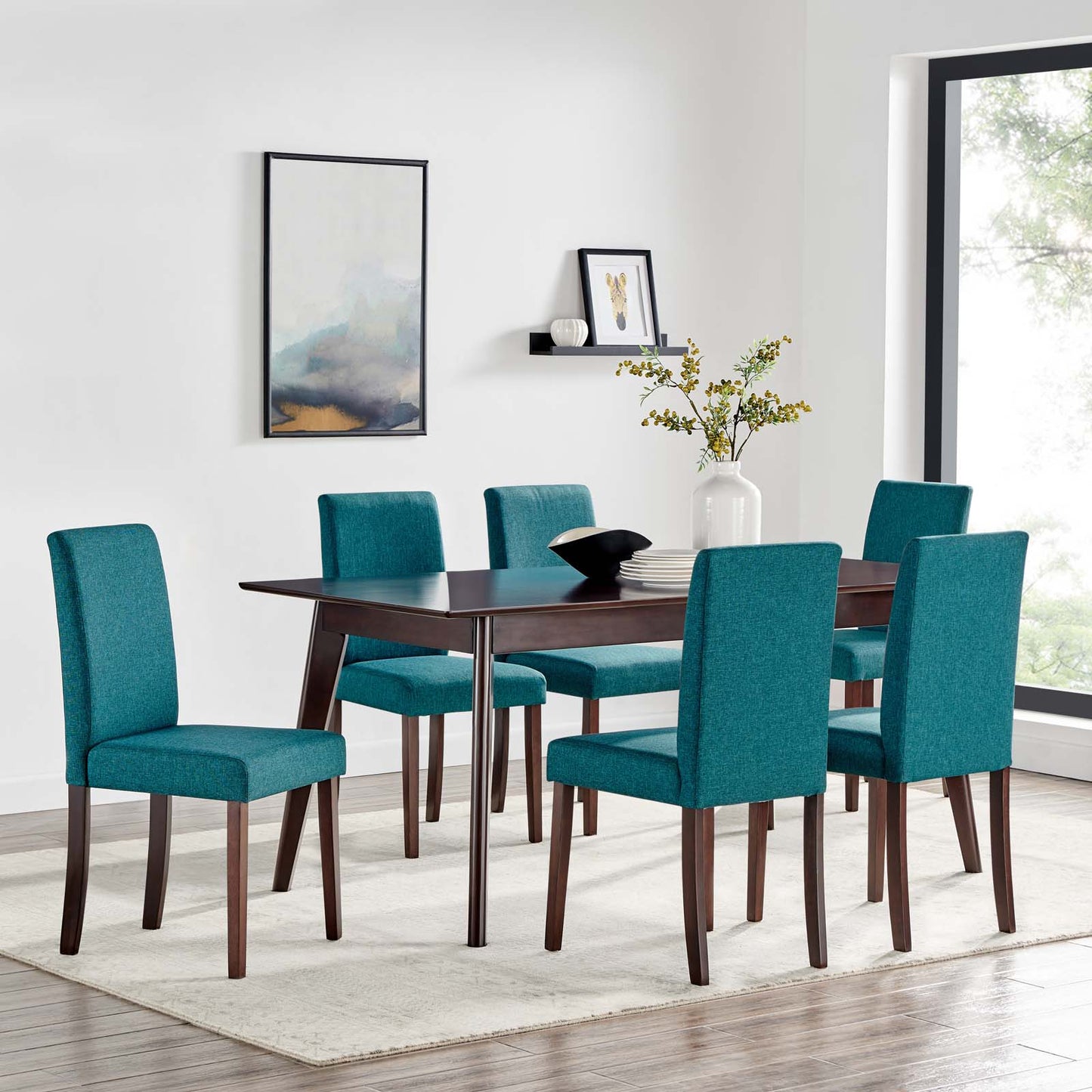 Prosper 7 Piece Upholstered Fabric Dining Set, Fabric, Drak Brown Teal Blue, 19661