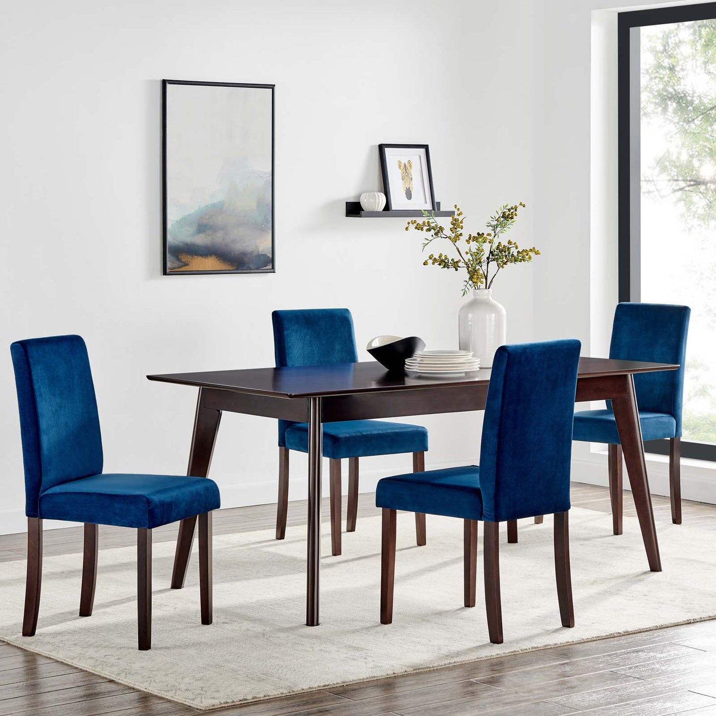 Prosper 5 Piece Upholstered Velvet Dining Set, Velvet, Drak Brown Blue Navy, 19664