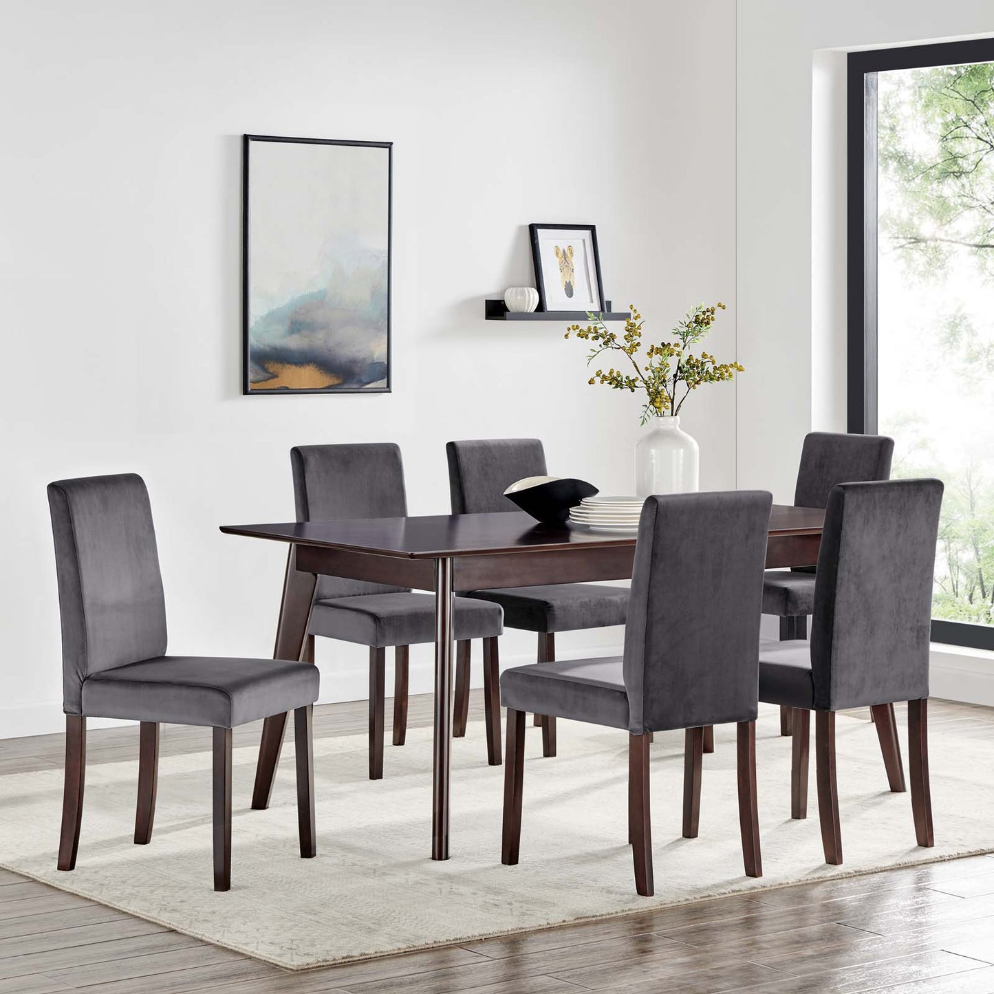 Prosper 7 Piece Upholstered Velvet Dining Set, Velvet, Drak Brown Grey Gray, 19666