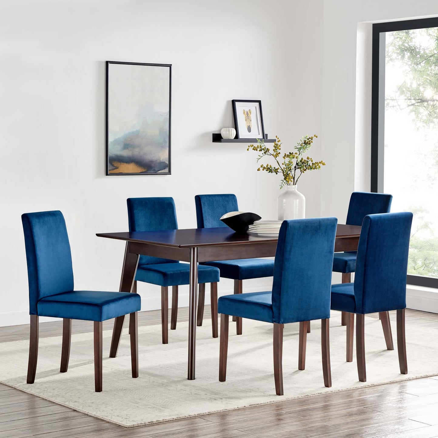 Prosper 7 Piece Upholstered Velvet Dining Set, Velvet, Drak Brown Blue Navy, 19667