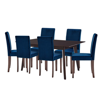 Prosper 7 Piece Upholstered Velvet Dining Set, Velvet, Drak Brown Blue Navy, 19667