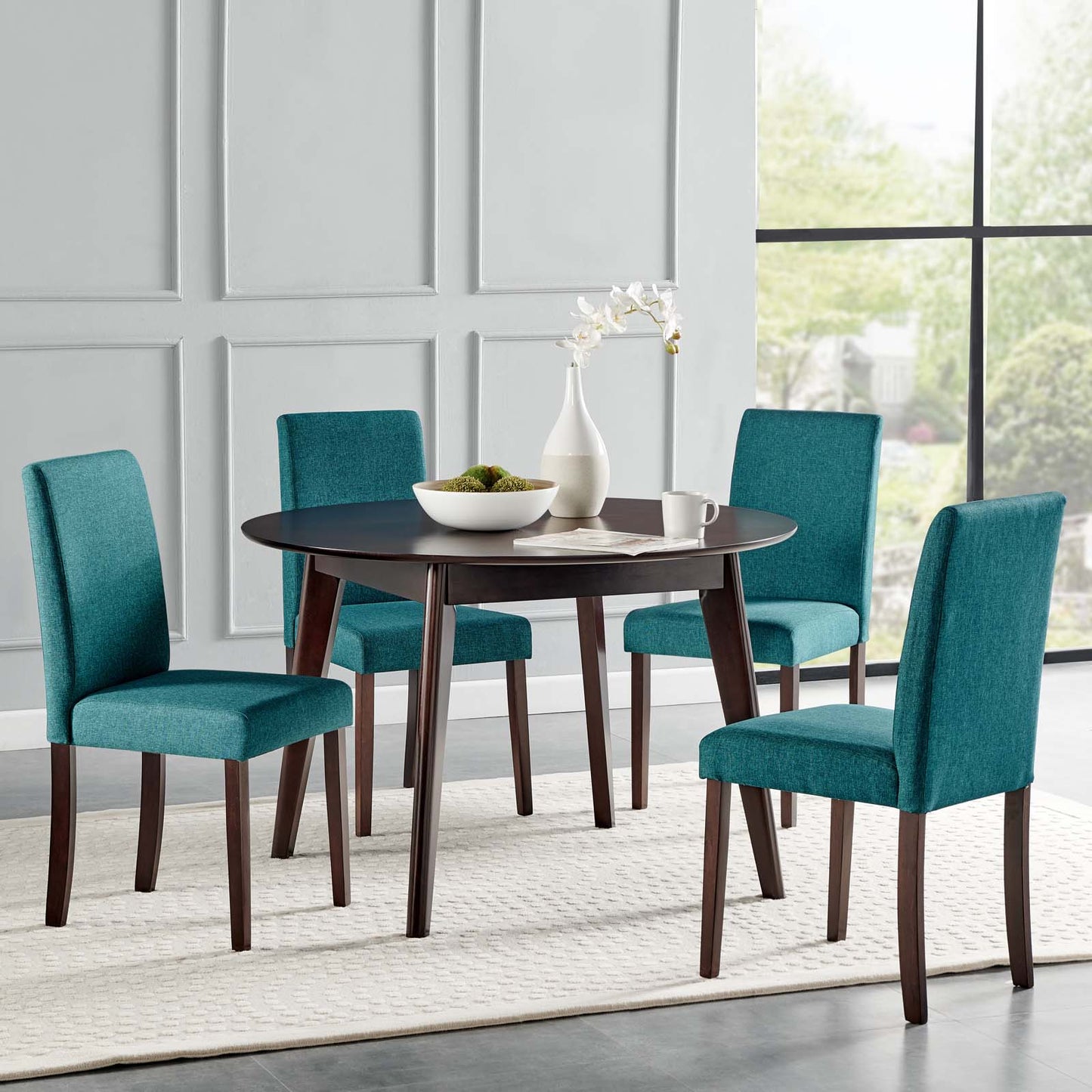 Prosper 5 Piece Upholstered Fabric Dining Set, Fabric, Drak Brown Teal Blue, 19675