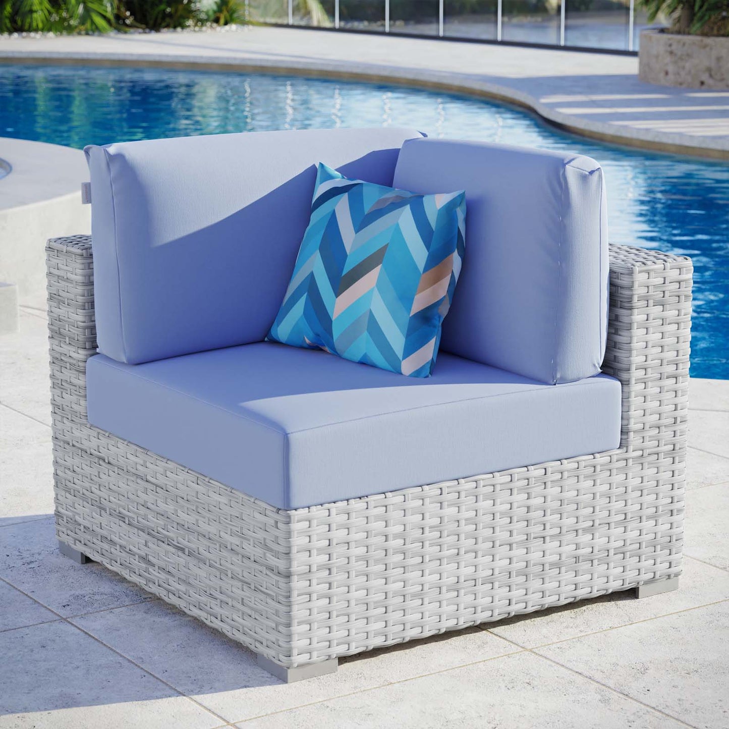Convene Outdoor Patio Corner Chair, Rattan, Wicker, Light Grey Gray Light Blue, 19693