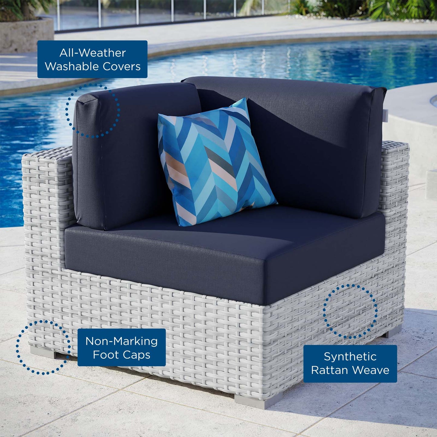 Convene Outdoor Patio Corner Chair, Rattan, Wicker, Light Grey Gray Blue Navy, 19694
