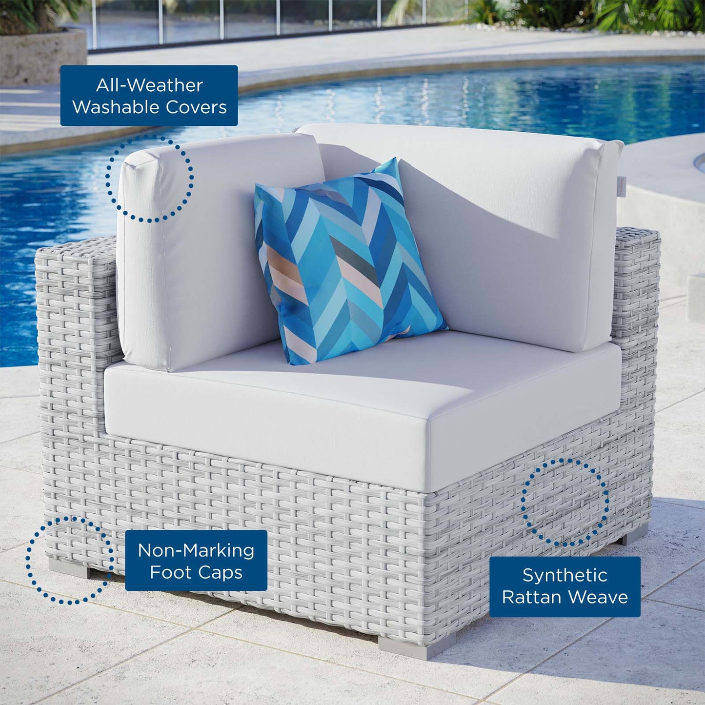 Convene Outdoor Patio Corner Chair, Rattan, Wicker, Light Grey Gray White, 19695