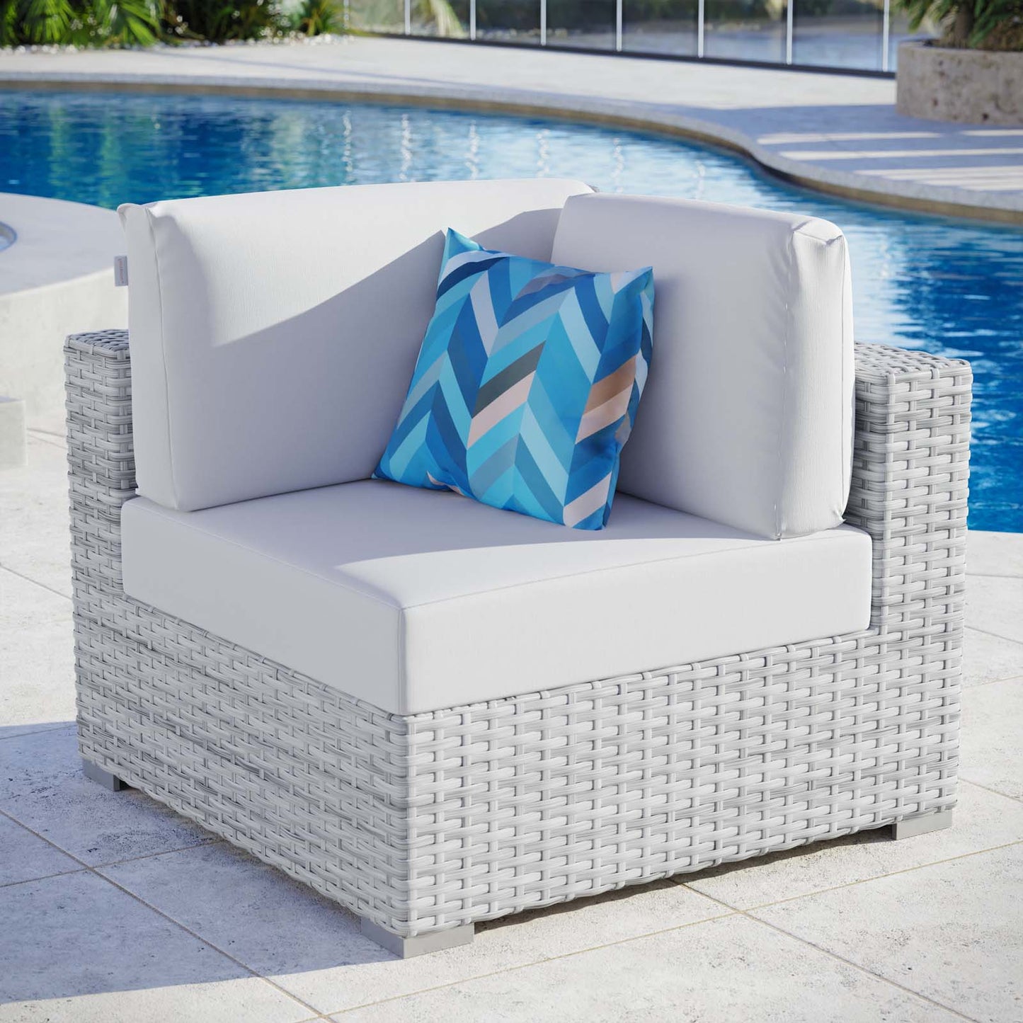 Convene Outdoor Patio Corner Chair, Rattan, Wicker, Light Grey Gray White, 19695