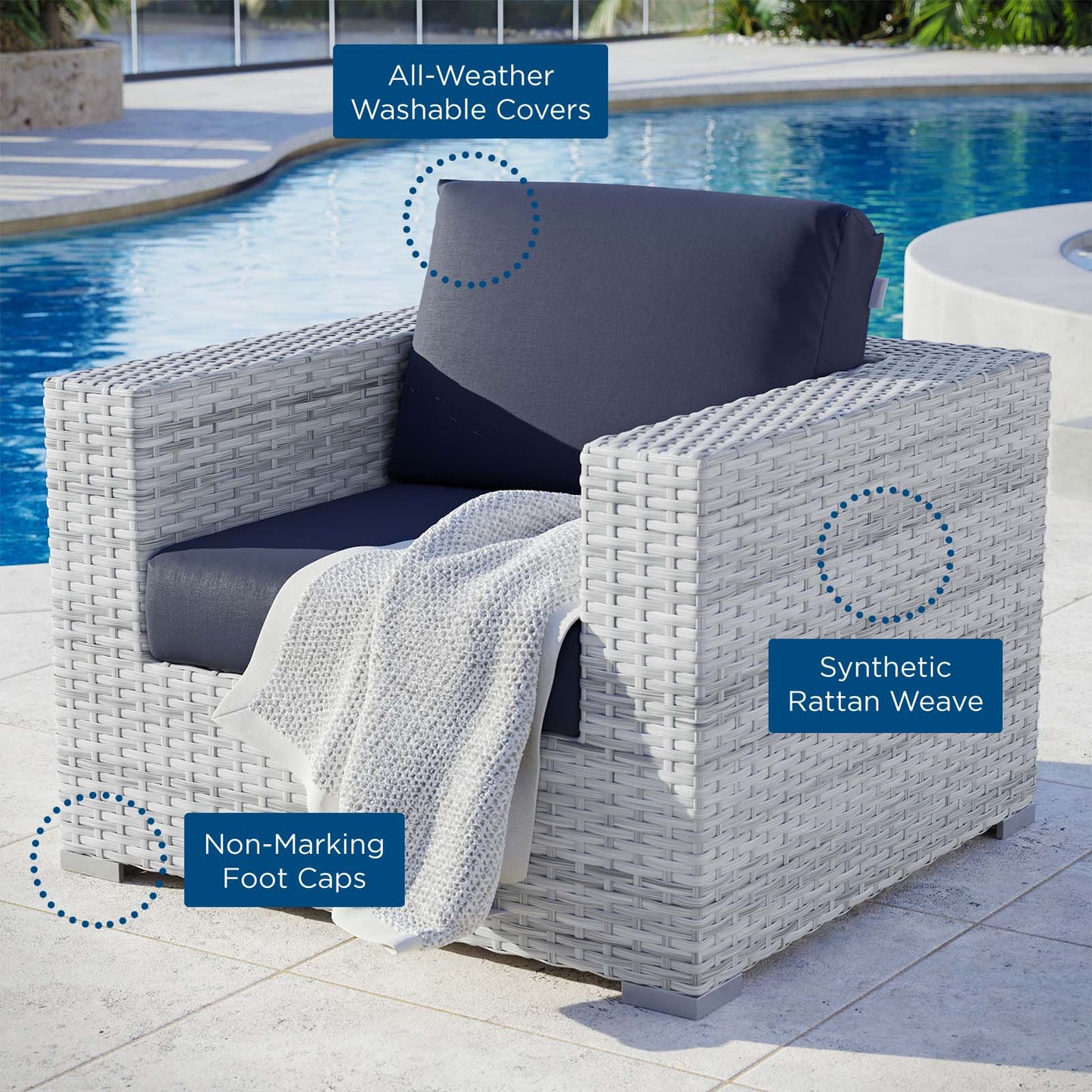 Convene Outdoor Patio Armchair, Rattan, Wicker, Light Grey Gray Blue Navy, 19699