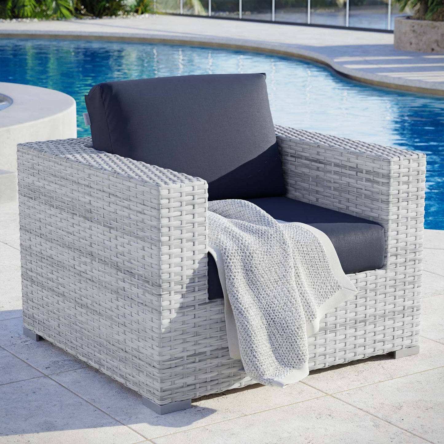 Convene Outdoor Patio Armchair, Rattan, Wicker, Light Grey Gray Blue Navy, 19699