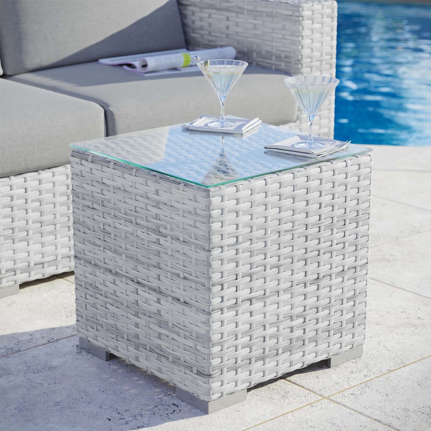 Convene Outdoor Patio Side Table, Rattan, Wicker, Light Grey Gray, 19707