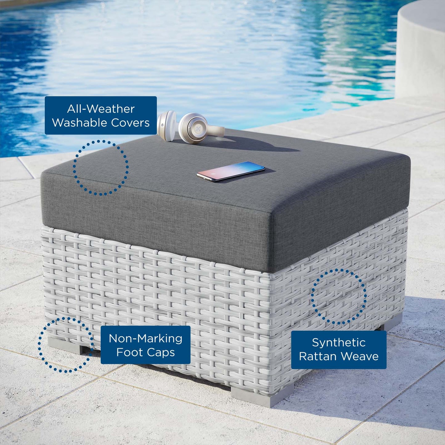 Convene Outdoor Patio Ottoman, Rattan, Wicker, Grey Gray, 19708