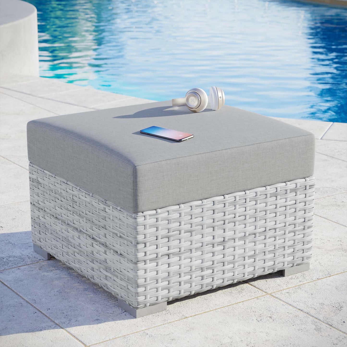 Convene Outdoor Patio Ottoman, Rattan, Wicker, Grey Gray, 19709