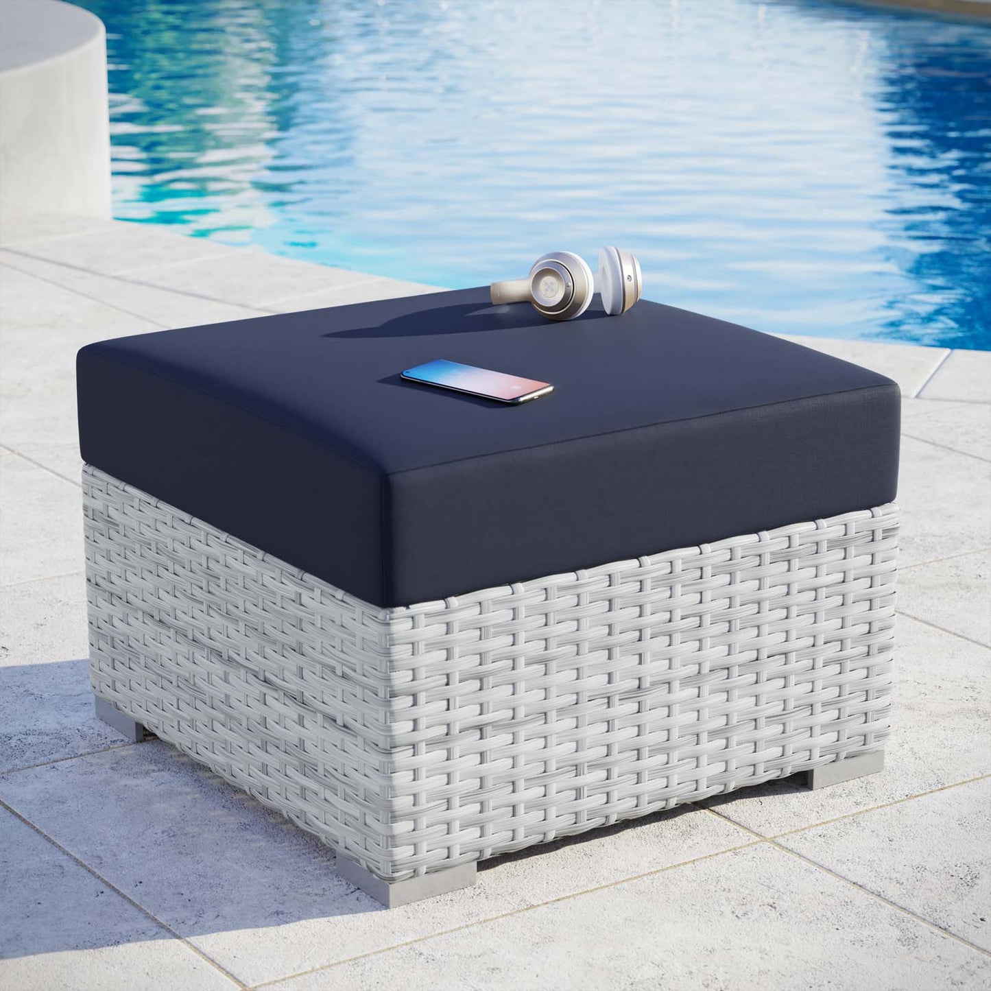Convene Outdoor Patio Ottoman, Rattan, Wicker, Light Grey Gray Blue Navy, 19711