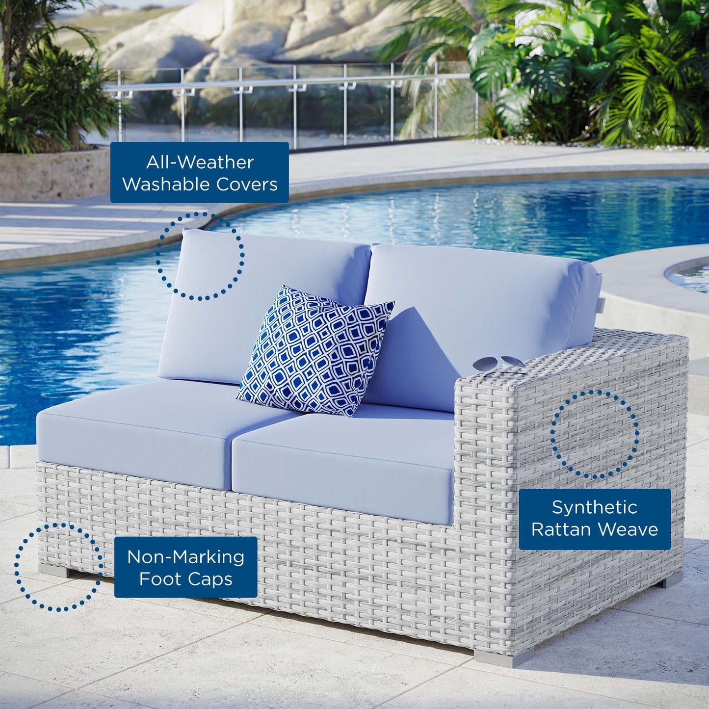 Convene Outdoor Patio Right-Arm Loveseat, Rattan, Wicker, Light Grey Gray Light Blue, 19715