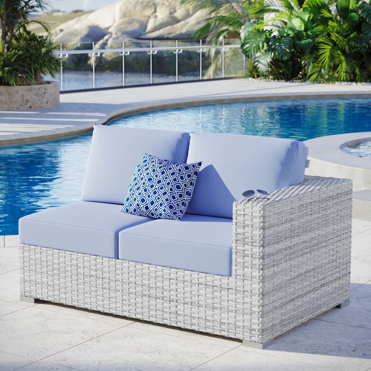 Convene Outdoor Patio Right-Arm Loveseat, Rattan, Wicker, Light Grey Gray Light Blue, 19715