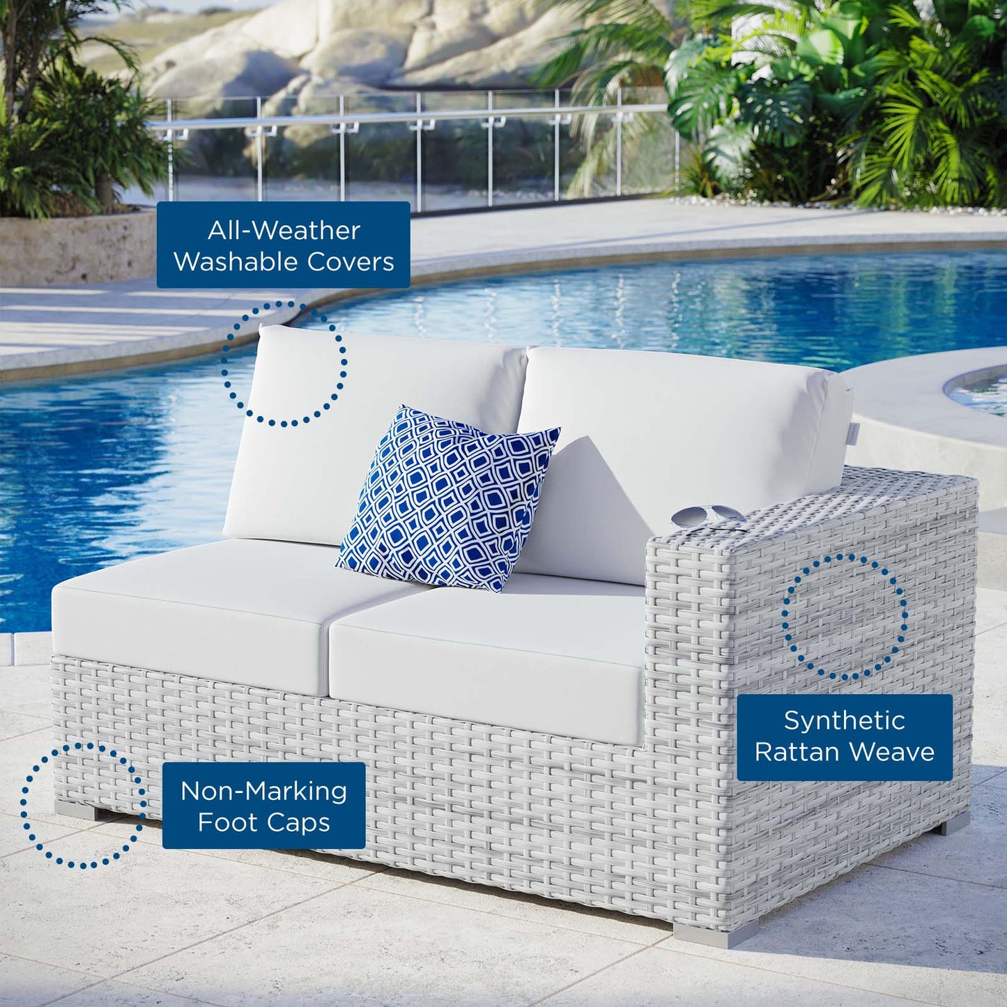 Convene Outdoor Patio Right-Arm Loveseat, Rattan, Wicker, Light Grey Gray White, 19717