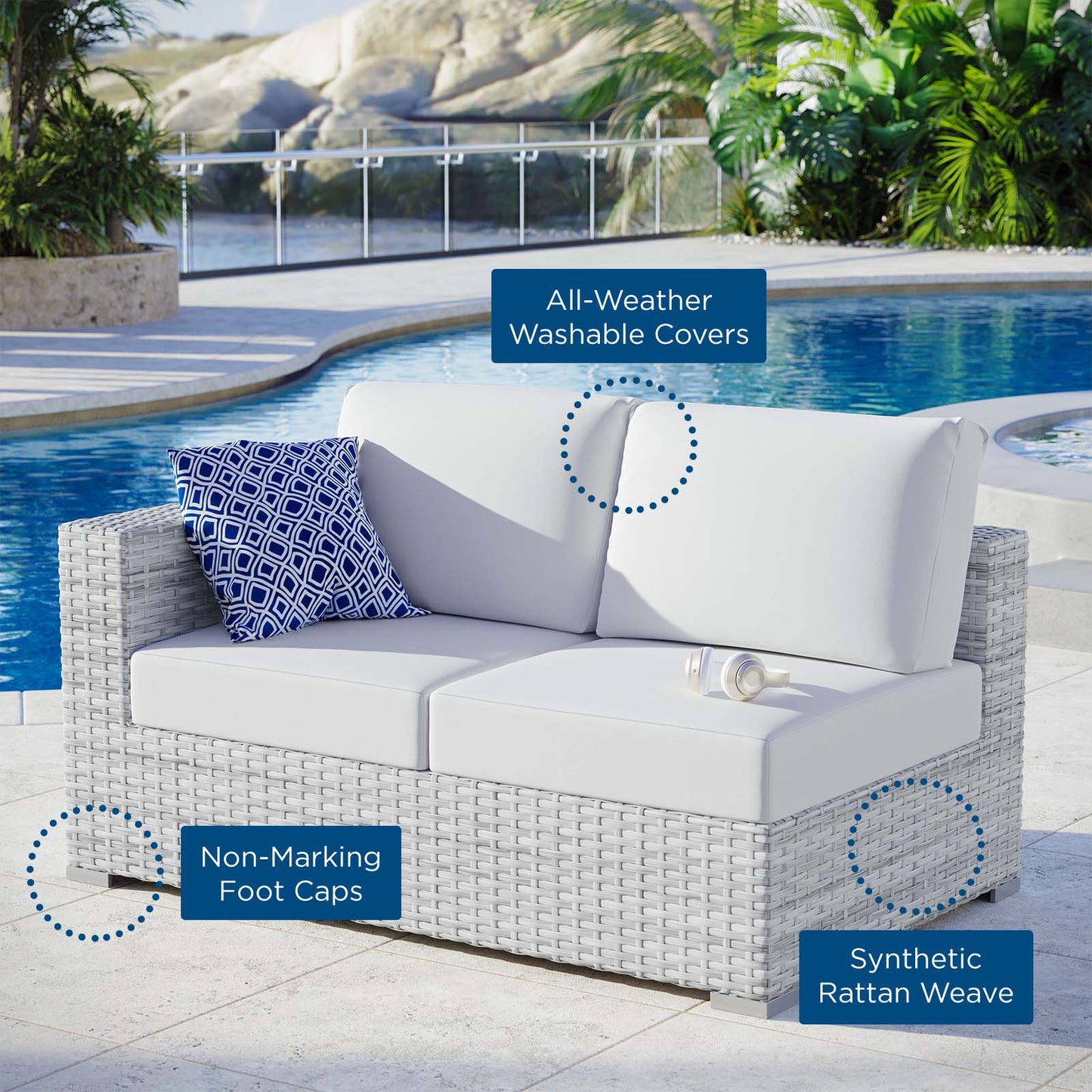 Convene Outdoor Patio Left-Arm Loveseat, Rattan, Wicker, Light Grey Gray White, 19722