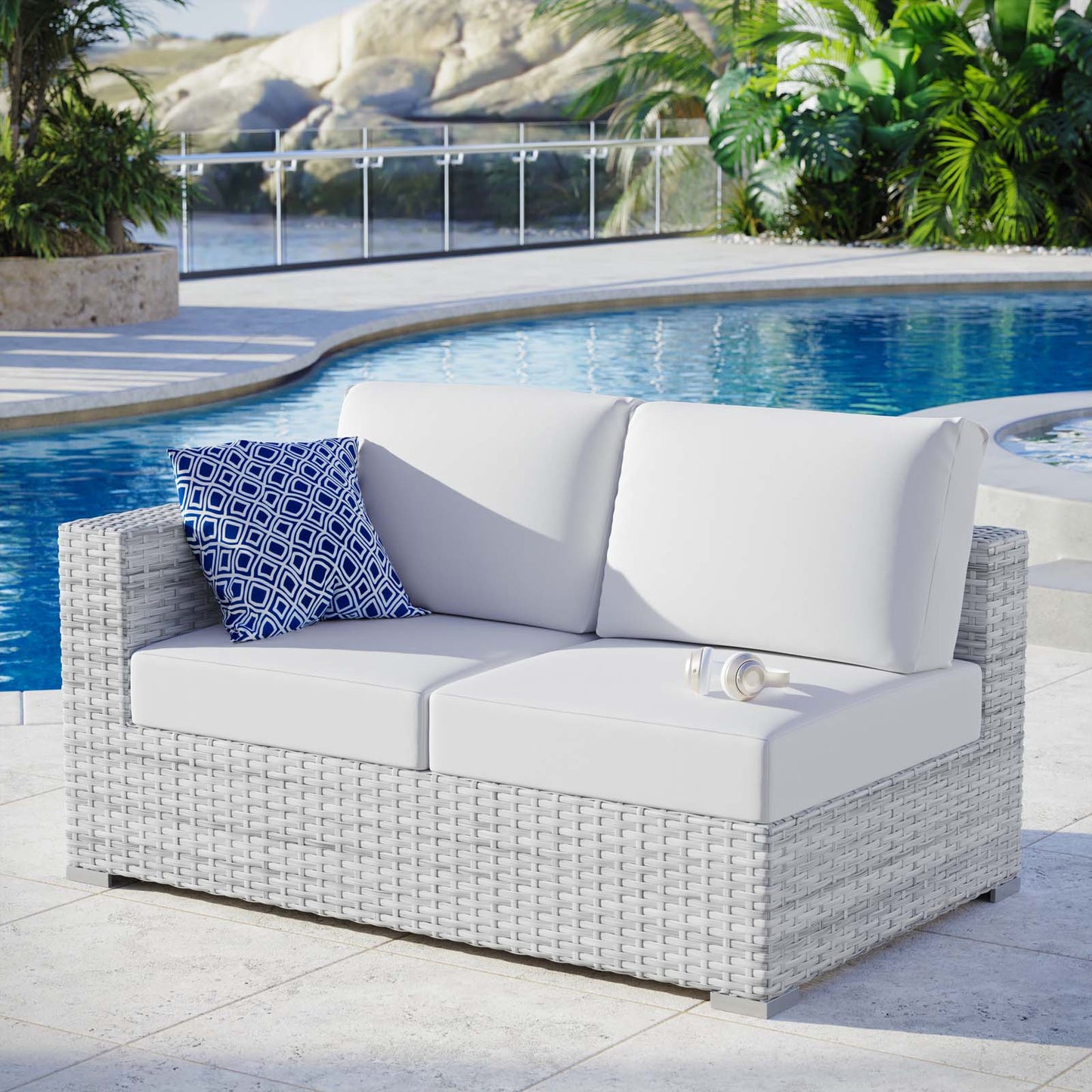 Convene Outdoor Patio Left-Arm Loveseat, Rattan, Wicker, Light Grey Gray White, 19722