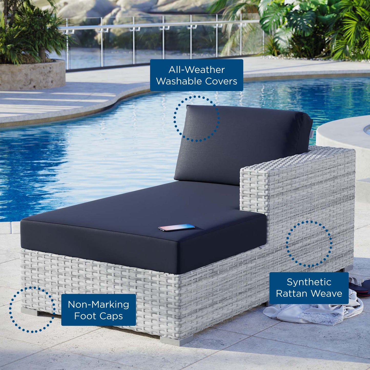 Convene Outdoor Patio Right Chaise, Rattan, Wicker, Light Grey Gray Blue Navy, 19726