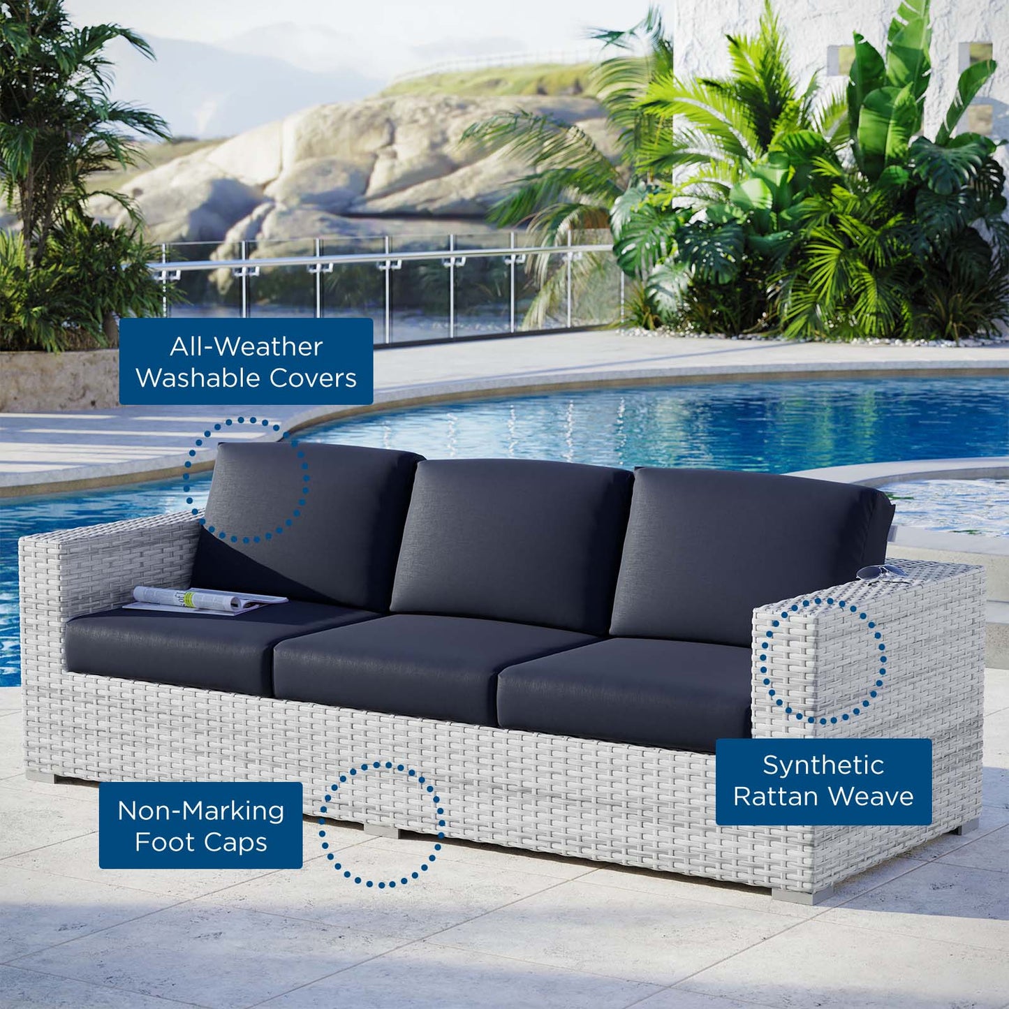 Convene Outdoor Patio Sofa, Rattan, Wicker, Light Grey Gray Blue Navy, 19731