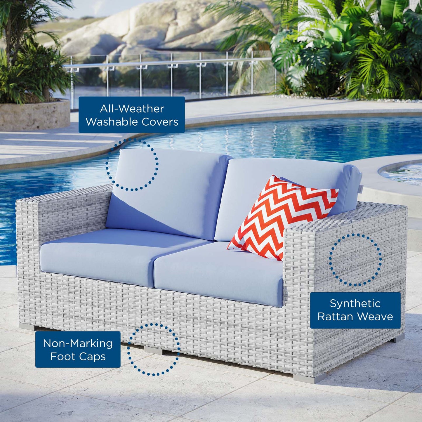 Convene Outdoor Patio Loveseat, Rattan, Wicker, Light Grey Gray Light Blue, 19735